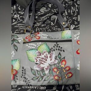 Anna anuschka Gray leather and Red Floral Tote Bag